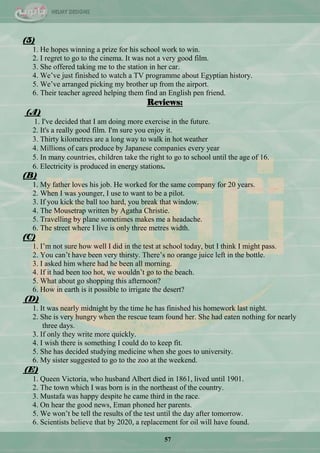 57
(5)
1. He hopes winning a prize for his school work to win.
2. I regret to go to the cinema. It was not a very good film.
3. She offered taking me to the station in her car.
4. We‘ve just finished to watch a TV programme about Egyptian history.
5. We‘ve arranged picking my brother up from the airport.
6. Their teacher agreed helping them find an English pen friend.
Reviews:
(A)
1. I've decided that I am doing more exercise in the future.
2. It's a really good film. I'm sure you enjoy it.
3. Thirty kilometres are a long way to walk in hot weather
4. Millions of cars produce by Japanese companies every year
5. In many countries, children take the right to go to school until the age of 16.
6. Electricity is produced in energy stations.
(B)
1. My father loves his job. He worked for the same company for 20 years.
2. When I was younger, I use to want to be a pilot.
3. If you kick the ball too hard, you break that window.
4. The Mousetrap written by Agatha Christie.
5. Travelling by plane sometimes makes me a headache.
6. The street where I live is only three metres width.
(C)
1. I‘m not sure how well I did in the test at school today, but I think I might pass.
2. You can‘t have been very thirsty. There‘s no orange juice left in the bottle.
3. I asked him where had he been all morning.
4. If it had been too hot, we wouldn‘t go to the beach.
5. What about go shopping this afternoon?
6. How in earth is it possible to irrigate the desert?
(D)
1. It was nearly midnight by the time he has finished his homework last night.
2. She is very hungry when the rescue team found her. She had eaten nothing for nearly
three days.
3. If only they write more quickly.
4. I wish there is something I could do to keep fit.
5. She has decided studying medicine when she goes to university.
6. My sister suggested to go to the zoo at the weekend.
(E)
1. Queen Victoria, who husband Albert died in 1861, lived until 1901.
2. The town which I was born is in the northeast of the country.
3. Mustafa was happy despite he came third in the race.
4. On hear the good news, Eman phoned her parents.
5. We won‘t be tell the results of the test until the day after tomorrow.
6. Scientists believe that by 2020, a replacement for oil will have found.
 
