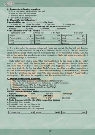 64
A) Answer the following questions :
1- Show that Hassan and Amal led a hard life?
2- What did Amal’s sacrifice show?
3- Why was Hassan deeply moved?
4- Give a title to the passage.
B) Choose the correct answer :
5- Amal sold her hair ------------------------ the feast.
a) exactly on b) one day before c) two days d) one day after
6- When Hassan saw Amal without her long hair he felt ------------------
a) happy b) angry c) shocked d) ashamed
7- The underlined word “ It “ refers to ----------------------
a) Hassan’s watch b) Amal’s hair c) the feast d) the chain
couple ‫صٚؼ‬ Possess ‫٠ّطٍه‬ Magnificent ِ‫سجت‬
Pocket-watch ‫عحّس‬ ‫ؾ١د‬ Buttonhole ‫ّشٚز‬ ‫صسجس‬ strap ‫ىٛق‬ - ‫سذحه‬
chain ‫عٍغٍس‬ Feast ‫ّ١ذ‬ wrap ‫٠ٍف‬
comb ‫ِؾو‬ parcel ‫ٌفس‬ presents ‫٘ذج٠ح‬
(6) It was the end of the summer holiday and Nadia was worried. She had still not done her
homework. Nadia had missed the day of school because she had been ill . She had phoned her
friend Azza and asked what homework their teacher had set for the summer holiday. Azza had
told her that teacher had asked them to write a composition. Nadia had written down the title. It
was ―The best things in life are three ―
Nadia didn‘t know what to write. When she thought about the best things in life, they didn‘t
seem to be ― three ― at all . She thought about her parents. There were two of them. Her brothers
and sisters, there were four of them. She thought about happiness, love, nature. She couldn‘t
count these at all. On the first day school, Nadia‘s teacher asked her to read her composition to
the class. Nadia stood up and began. ―I don‘t think the best things in life are three at all, ―she said.
― I think they are things you can‘t count ―The other students stated to laugh. ― Nadia ―said her
teacher gently. ― The title of the composition was: The best things in life are free. ―
A) Answer the following questions :
1- Why wasn’t Nadia at school when the teacher set the homework?
2- Why did the rest of the class laugh when Nadia started to read her composition?
3- What does the word “It “in the first paragraph refers to?
4- Do you agree that the best things in life are free? Why?
B) Choose the correct answer :
5- Nadia communicated with Azza by ----------------------------
a) phone b) letter c) e-mail d) message
6- Nadia’s teacher was -------------------- with Nadia.
a) happy b) pleased c) angry d) worried
7- Nadia disagreed with the title of the composition because -------------------
a) She wrote it down wrongly
b) She couldn’t count the best things in life
c) She didn’t want to write the composition
d) She didn’t have time to write the composition.
Composition ‫فمشز‬ Nature ‫جٌير١ْس‬ free ٝٔ‫ِؿح‬
 