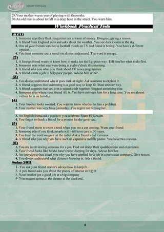 8
29.Your mother warns you of playing with fireworks.
30.An old man is about to fall in a deep hole in the street. You warn him.
Workbook Practical Tests
P T:(1)
1. Someone says they think magazines are a waste of money. Disagree, giving a reason.
2. A friend from England calls and asks about the weather. You see dark clouds in the sky.
3. One of your friends watched a football match on TV and found it boring. You have a different
opinion.
4. You hear someone use a word you do not understand. The word is energy.
(2)
1. A foreign friend wants to know how to make tea the Egyptian way. Tell him/her what to do first.
2. Someone asks what you were doing at eight o'clock this morning.
3. A friend asks you what you think about TV news programmes.
4. A friend wants a job to help poor people. Advise him or her.
(3)
1. You do not understand why it goes dark at night. Ask someone to explain it.
2. A friend suggests that swimming is a good way to keep fit. State another way.
3. A friend suggests that you join a squash club together. Suggest something else.
4. Someone asks where your friend Ali is. You have not seen him for a long time. You are almost
certain he is on holiday.
(4)
1. Your brother looks worried. You want to know whether he has a problem.
2. Your mother was very busy yesterday. You regret not helping her.
3. An English friend asks you how you celebrate Sham El-Nessim.
4. You forgot to thank a friend for a present he/she gave you.
(5)
1. Your friend starts to cross a road when you see a car coming. Warn your friend.
2. Someone asks if you think people will ~till have cars in 50 years.
3. You hear the word magnet on the radio. Ask a friend what it means.
4. A friend asks you why you have such an expensive mobile phone. You have two reasons.
(6)
1. You are interviewing someone for a job. Find out about their qualifications and experience.
2. Your friend looks like he/she hasn't been sleeping for days. Advise him/her.
3. An interviewer has asked you why you have applied for a job in a particular company. Give reason.
4. You do not understand what distance learning is. Ask a friend.
Sudan 2011
1- You ask your friend doctor's advice how to keep fit.
2- A pen friend asks you about the places of interest in Egypt
3- Your brother got a good job at a big company
4- You suggest going to the theatre at the weekend,
 