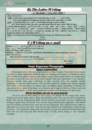 85
B) The Letter Writing
"‫ٚاٌشد‬ ٜ‫اٌؼبد‬ ‫اٌخـبة‬"1- The letter
Dear ٗ١ٌ‫إ‬ ً‫اٌّشع‬ ُ‫اع‬ ,
َ‫اٌّمذ‬‫ح‬ - It gives me a great pleasure to write this letter to you. ٞ‫ػبد‬ ‫خـبة‬) )
- You can‟t imagine my happiness (sorrow) when I got your letter. (‫سد‬ ‫)خـبة‬
‫اٌغشع‬ - I send this letter ( to ‫اٌّظذس‬ ) I send this message to tell you that….
ٗ١‫األر‬ ‫اٌؼّبئش‬ ً٠ٛ‫رؾ‬ ‫ِغ‬ ‫اٌغٍّخ‬ ٟ‫ثبل‬ ‫ٚٔىزت‬ ‫ِظذس‬ ً‫اٌفؼ‬ ‫ٌ١ظجؼ‬ ‫رؾزف‬ ٟ‫اٌز‬ ing ‫ثـ‬ ٟٙ‫إٌّز‬ ً‫اٌفؼ‬ ٓ‫ػ‬ ‫ٚٔجؾش‬
{ he-she him-her-them…..you )( You ً‫فبػ‬ I ) ( you ‫ِفؼٛي‬ me ) ( your …..my ) (his……your )
(her .+ ُ‫اع‬ ……..your)}( me ….you) - I‟d like to inform you that….  thank you for…- Don‟t forget
to….. as for me I can tell you …-Accept my apology for not… please I ask you to…- Please
mention in detail some information about……)
ّٗ‫اٌخبر‬ - I‟m looking forward to hearing good news from you. With my best wishes.
Yours ,
ً‫اٌشاع‬ ُ‫اع‬
C ) Writing an e- mail
From:………. ‫ٚعذ‬ ‫ارا‬ ٝٔٚ‫األٌىزش‬ ً‫اٌشاع‬ ْ‫ٚػٕٛا‬ ُ‫اع‬
To: ………. ‫ٚعذ‬ ‫ارا‬ ٝٔٚ‫األٌىزش‬ ‫إٌ١خ‬ ً‫اٌّشع‬ ْ‫ٚػٕٛا‬ ُ‫اع‬
Date: 15th
,June , 2011 ( . (‫اٌزبس٠خ‬
Subject :.. ‫ثبخزظبس‬ ‫اٌشعبٌخ‬ ِٓ ‫اٌغشع‬ (invitation-congratulation-complaint apology- request)
Dear ‫إٌ١خ‬ ً‫اٌّشع‬ ُ‫,اع‬
How are you ? I want to tell you that ……….………………………..………..……..
‫اٌشعبٌخ‬ ‫ِٛػٛع‬............................................................ ………………………………..……….…
Best wishes
ً‫اٌشاع‬ ُ‫اع‬
Some Important Paragraphs
Space exploration
Many people believe that space exploration is a waste of money. They think that the money
we spend on space exploration should be spent on education and health or it should be used to
solve problems like global warming and climate change. Other people believe we should spend
the money on growing more food and on better transport. But space exploration is very important.
Everyone benefits from space technology in their everyday lives. For example, satellite
technology is used for mobile phones and television. Moreover, people have always explored
their world, so the next step is to explore space. In addition, space exploration is exciting. We
may need to live in space in the future, so we should explore space to find out if there is any kind
of life on other planets. In short, space exploration is really worth the money we spend on it.
What families can do to save energy
All of us can do many things to save energy. We should all use energy more wisely.
Families can recycle paper, plastic, glass and aluminium cans. They can turn the air conditioner
down. They can use energy-saving bulbs. Family members can use their cars less. Walking and
cycling are great forms of exercise. They can use energy-efficient home appliances. They should
turn off computers and televisions when they are not using them. They should not leave lights on
when there is no one in the house. They can use fans instead of air conditioners as they use less
electricity. They should buy things that can be used over and over instead of buying disposable
items that are used once and then thrown away. In fact, saving energy is very important
nowadays.
 