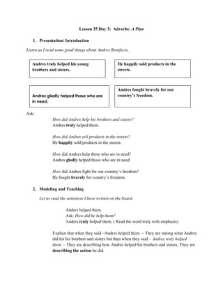 Lesson 35 Day 3: Adverbs: A Plan
1. Presentation/ Introduction
Listen as I read some good things about Andres Bonifacio.
Ask:
How did Andres help his brothers and sisters?
Andres truly helped them.
How did Andres sell products in the streets?
He happily sold products in the streets.
How did Andres help those who are in need?
Andres gladly helped those who are in need.
How did Andres fight for our country‟s freedom?
He fought bravely for country‟s freedom.
2. Modeling and Teaching
Let us read the sentences I have written on the board.
Andres helped them.
Ask: How did he help them?
Andres truly helped them. ( Read the word truly with emphasis)
Explain that when they said –Andres helped them. – They are stating what Andres
did for his brothers and sisters but then when they said – Andres truly helped
them. – They are describing how Andres helped his brothers and sisters. They are
describing the action he did.
Andres truly helped his young
brothers and sisters.
He happily sold products in the
streets.
Andres gladly helped those who are
in need.
Andres fought bravely for our
country‟s freedom.
 