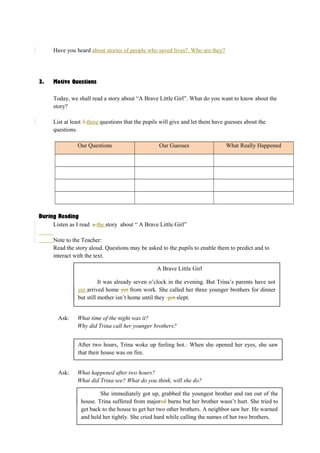 Have you heard about stories of people who saved lives? Who are they? 
3. Motive Questions 
Today, we shall read a story about “A Brave Little Girl”. What do you want to know about the 
story? 
List at least 3 three questions that the pupils will give and let them have guesses about the 
questions. 
Our Questions Our Guesses What Really Happened 
During Reading 
Listen as I read a the story about “ A Brave Little Girl” 
Note to the Teacher: 
Read the story aloud. Questions may be asked to the pupils to enable them to predict and to 
interact with the text. 
It was already seven o’clock in the evening. But Trina’s parents have not 
yet arrived home yet from work. She called her three younger brothers for dinner 
but still mother isn’t home until they got slept. 
Ask: What time of the night was it? 
A Brave Little Girl 
Why did Trina call her younger brothers? 
After two hours, Trina woke up feeling hot.. When she opened her eyes, she saw 
that their house was on fire. 
Ask: What happened after two hours? 
What did Trina see? What do you think, will she do? 
She immediately got up, grabbed the youngest brother and ran out of the 
house. Trina suffered from majored burns but her brother wasn’t hurt. She tried to 
get back to the house to get her two other brothers. A neighbor saw her. He warned 
and held her tightly. She cried hard while calling the names of her two brothers. 
 