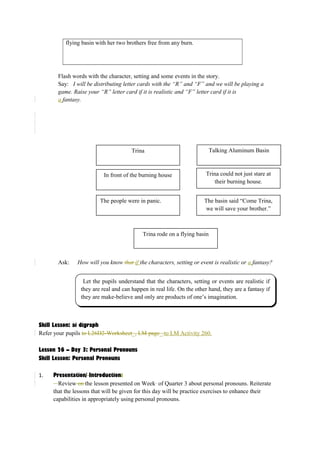 flying basin with her two brothers free from any burn. 
Flash words with the character, setting and some events in the story. 
Say: I will be distributing letter cards with the “R” and “F” and we will be playing a 
game. Raise your “R” letter card if it is realistic and “F” letter card if it is 
a fantasy. 
Trina Talking Aluminum Basin 
In front of the burning house Trina could not just stare at 
their burning house. 
The people were in panic. The basin said “Come Trina, 
we will save your brother.” 
Trina rode on a flying basin 
Ask: How will you know that if the characters, setting or event is realistic or a fantasy? 
the pupils understand that the characters, or are realistic Let the pupils understand that the characters, setting or events are realistic if 
they are real and can happen in real life. On the other hand, they are a fantasy if 
they are make-believe and only are products of one’s imagination. 
Skill Lesson: ai digraph 
Refer your pupils to L26D2-Worksheet_, LM page_.to LM Activity 260. 
Lesson 26 – Day 3: Personal Pronouns 
Skill Lesson: Personal Pronouns 
1. Presentation/ Introduction: 
Review on the lesson presented on Week of Quarter 3 about personal pronouns. Reiterate 
that the lessons that will be given for this day will be practice exercises to enhance their 
capabilities in appropriately using personal pronouns. 
 