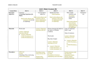 GRADE 3 ENGLISH TEACHER’S GUIDE 
Unit 3: Week 2 (Lesson 20) 
Lesson Parts DAY 1 DAY 2 DAY 3 DAY 4 DAY 5 
Overview/ 
objectives 
Literature: 
A Learning Experience for 
Malou 
Read words, phrases and 
sentences with au and 
ow dipthongs 
Use descriptive 
adjectives 
Read words, phrases and 
sentences with au 
and ow dipthongsau 
and ow dipthongs 
Identify fact from 
Opinionopinion 
Read words, phrases and 
sentences with au and 
ow dipthongsau and 
ow dipthongs 
Write simple 
sentences and 
use correct 
punctuation 
marks 
Read words, phrases 
and sentences 
with au and ow 
dipthongsau and 
ow dipthongs 
Summative 
test 
Materials Word cards 
Learner’s Materials 
Activities 206-207 
· Learner’s Materials 
L19D1-Worksheet1, p._ 
L19D2-Worksheet2, p._ 
Learner’s Materials 
Activities 208-210 
Pictures showing the details in 
the matrix of Weather 
Condition 
Word cards 
Big strips of paper 
Learner’s Materials 
Activities 211-213 
· Learner’s Materials 
L19D3-Worksheet_, p_ 
L19D3-Worksheet_, p_ 
Copy of “Important 
Rules” song 
Strips of sentences 
Learner’s Materials 
Activities 211-213 
· Learner’s Materials 
L19D4-Worksheet_, 
p_ 
L19D4-Worksheet_, 
p_ 
Procedures OPEN UP 
(3 min) 
Unlocking of key word using 
context cluespictures 
Decoding Lesson 
using Activity 208 
Present some 
sentences with 
OPEN UP 
(15 min) 
Presentation of pictures 
highlighting cause and effect 
Present sentences with 
the following 
punctuation marks: 
period, comma, 
question mark and 
 