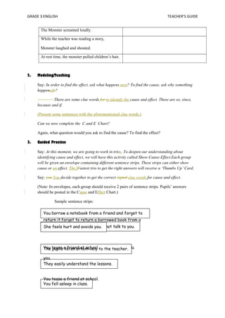 GRADE 3 ENGLISH TEACHER’S GUIDE 
The Monster screamed loudly. 
While the teacher was reading a story, 
Monster laughed and shouted. 
At rest time, the monster pulled children’s hair. 
2. Modeling/Teaching 
Say: In order to find the effect, ask what happens next? To find the cause, ask why something 
happeneds? 
There are some clue words for to identify the cause and effect. These are so, since, 
because and if. 
(Present some sentences with the aforementioned clue words.) 
Can we now complete the C and E Chart? 
Again, what question would you ask to find the cause? To find the effect? 
3. Guided Practice 
Say: At this moment, we are going to work in trios. To deepen our understanding about 
identifying cause and effect, we will have this activity called Show-Cause-Effect.Each group 
will be given an envelope containing different sentence strips. These strips can either show 
cause or an effect. The fFastest trio to get the right answers will receive a ‘Thumbs Up’ Card. 
Say: you You decide together to get the correct signal clue words for cause and effect. 
(Note: In envelopes, each group should receive 2 pairs of sentence strips. Pupils’ answers 
should be posted in the Cause and Effect Chart.) 
Sample sentence strips: 
You borrow a notebook from a friend and forget to 
return it.forget to return a borrowed book from a 
fYroiuern df.riend feels angry and will not talk to you. 
She feels hurt and avoids you. 
Your friend feels angry and will not talk to you. 
You tease a friend at school. 
you. 
The pupils listen attentively to the teacher. 
They easily understand the lessons. 
You tease a friend at school. 
You fell asleep in class. 
 