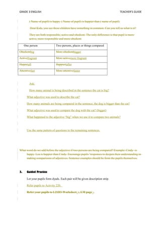 GRADE 3 ENGLISH TEACHER’S GUIDE 
( Name of pupil) is happy. ( Name of pupil) is happier than ( name of pupil) 
Dear Kids, you see these children have something in common. Can you tell us what is it? 
They are both responsible, active and obedient. The only difference is that pupil is more 
active, more responsible and more obedient. 
One person Two persons, places or things compared 
Obedientbig More obedientbigger 
Activefragrant More activemore fragrant 
Happytall Happiertaller 
Attentivefast More attentivefaster 
Ask: 
How many animal is being described in the sentence the cat is big? 
What adjective was used to describe the cat? 
How many animals are being compared in the sentence, the dog is bigger than the cat? 
What adjective was used to compare the dog with the cat? (bigger) 
What happened to the adjective “big” when we use it to compare two animals? 
Use the same pattern of questions to the remaining sentences. 
What word do we add before the adjective if two persons are being compared? Example: Cindy is 
happy. Lea is happier than Cindy. Encourage pupils ’responses to deepen their understanding in 
making comparisons of adjectives. Sentence examples should be from the pupils themselves. 
3. Guided Practice 
Let your pupils form dyads. Each pair will be given description strip. 
Refer pupils to Activity 220. 
Refer your pupils to L21D3-Worksheet_:, LM page_. 
 