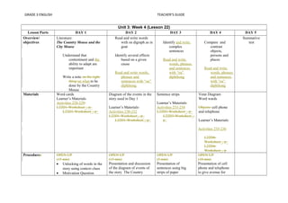 GRADE 3 ENGLISH TEACHER’S GUIDE 
Unit 3: Week 4 (Lesson 22) 
Lesson Parts DAY 1 DAY 2 DAY 3 DAY 4 DAY 5 
Overview/ 
objectives 
Literature: 
The Country Mouse and the 
City Mouse 
Understand that 
contentment and the 
ability to adapt are 
important 
Write a note on the right 
thing on what to be 
done by the Country 
Mouse 
Read and write words 
with oa digraph as in 
goat 
Identify several effects 
based on a given 
cause 
Read and write words, 
phrases and 
sentences with “oa” 
diphthong 
Identify and write 
complex 
sentences 
Read and write 
words, phrases 
and sentences 
with “oa” 
diphthong 
Compare and 
contrast 
objects, 
persons and 
places 
Read and write 
words, phrases 
and sentences 
with “oa” 
diphthong 
Summative 
test 
Materials Word cards 
Learner’s Materials 
Activities 228-229: 
L22D1-Worksheet_, p_ 
L22D1-Worksheet_, p_ 
Diagram of the events in the 
story used in Day 1 
Learner’s Materials: 
Activities 230-232 
L22D1-Worksheet_, p_ 
L22D1-Worksheet_, p_ 
Sentence strips 
Learner’s Materials: 
Activities 233-234 
L22D3-Worksheet_, p_ 
L22D3-Worksheet_, 
p_ 
Venn Diagram 
Word wards 
Objects: cell phone 
and telephone 
Learner’s Materials: 
Activities 235-236 
L22D4- 
Worksheet_, p_ 
L22D4- 
Worksheet_, p 
Procedures OPEN UP 
(15 min) 
· Unlocking of words in the 
story using context clues 
· Motivation Question 
OPEN UP 
(15 min) 
Presentation and discussion 
of the diagram of events of 
the story The Country 
OPEN UP 
(5 min) 
Presentation of 
sentences using big 
strips of paper 
OPEN UP 
(10 min) 
Presentation of cell 
phone and telephone 
to give avenue for 
 