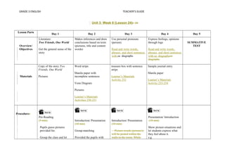 GRADE 3 ENGLISH TEACHER’S GUIDE 
Unit 3: Week 6 (Lesson 24)L 24 
Lesson Parts Day 1 Day 2 Day 3 Day 4 Day 5 
Overview/ 
Objectives 
Literature: 
Two Friends, One World 
Get the general sense of the 
story 
Makes inferences and draw 
conclusions based on texts 
(pictures, title and content 
words) 
Use personal pronouns 
(person) 
Read and write words, 
phrases and short sentences 
with ea diagraphs 
Express feelings, opinions 
through logs 
Read and write words, 
phrases and short sentences 
with ea diagraphsea 
diagraphs 
SUMMATIVE 
TEST 
Materials 
Copy of the story Two 
Friends, One World 
Pictures 
Word strips 
Manila paper with 
incomplete sentences 
Venn Diagram 
Pictures 
Learner’s Materials 
Activities 250-251 
treasure box with sentence 
strips 
Learner’s Materials 
Activity 252 
Sample journal entry 
Manila paper 
Learner’s Materials 
Activity 253-254 
Procedures 
Pre-Reading 
(5 min) 
Pupils guess pictures 
provided for. 
Group the class and let 
Introduction/ Presentation 
(10 min) 
Group-matching 
Provided the pupils with 
Introduction/ Presentation 
(10 min) 
Picture-words (person/s) 
will be posted within the 
walls in the room. While 
Presentation/ Introduction 
(10 min) 
Show picture-situations and 
let students express what 
they feel about it. 
e.g 
 
