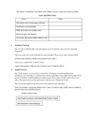 The monster’s misbehavior had effects on the children, teacher, and on the school as a whole. 
Cause and Effect Chart 
Cause Effect 
The monster took so much space at the bus. 
The Monster screamed loudly. 
While the teacher was reading a story, 
Monster laughed and shouted. 
At rest time, the monster pulled children’s hair. 
2. Modeling/Teaching 
Say: In order to find the effect, ask what happens next? To find the cause, ask why something 
happened? 
There are some clue words to identify the cause and effect. These are so, since, because and if . 
(Present some sentences with the aforementioned clue words.) 
Can we now complete the C and E Chart? 
Again, what question would you ask to find the cause? To find the effect? 
3. Guided Practice 
Say: At this moment, we are going to work in trios. To deepen our understanding about 
identifying cause and effect, we will have this activity called Show-Cause-Effect.Each group will be 
given an envelope containing different sentence strips. These strips can either show cause or an 
effect. The fastest trio to get the right answers will receive a ‘Thumbs Up’ Card. 
Say: You decide together to get the correct clue words for cause and effect. 
(Note: In envelopes, each group should receive 2 pairs of sentence strips. Pupils’ answers should be 
posted in the Cause and Effect Chart.) 
Sample sentence strips: 
You forget to return a borrowed book from a friend. 
She feels hurt and avoids you. 
You tease a friend at school. 
you. 
 