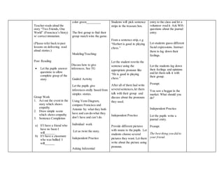 Teacher reads aloud the 
story “Two Friends, One 
World” (Francisca’s Story) 
w/ correct intonation. 
(Please refer back to past 
lessons on delivering read 
aloud stories.) 
Post Reading 
 Let the pupils answer 
questions to allow 
complete grasp of the 
story 
Group Work 
1. Act out the event in the 
story which shows 
empathy 
2. Draw simple scene 
which shows empathy 
3. Sentence Completion 
a) If I have a friend who 
have no baon I 
will______ 
b) If I have a classmate 
who was bullied I 
will______ 
color green_________ 
The first group to find their 
group match wins the game. 
Modeling/Teaching: 
 
 Discuss how to give 
inferences. See TG 
Guided Activity 
Let the pupils give 
inferences orally based from 
simples stories. 
Using Venn Diagram, 
compare Francisca and 
Antonio by: what they both 
have and can do-what they 
don’t have and can’t do. 
Individual work 
Let us twist the story. 
Independent Practice 
Asking Inferential 
Students will pick sentence 
strips in the treasure box. 
From a sentence strip, e.g 
“Herbert is good in playing 
chess.” 
Let the student rewrite the 
sentence using the 
appropriate pronoun like 
“He is good in playing 
chess.” 
After all of them had write 
several sentences, let them 
talk with their group and 
discuss about the pronouns 
they used. 
Independent Practice 
Provide different pictures 
with nouns to the pupils. Let 
students choose several 
pictures they want. Let them 
write about the picture using 
pronoun. 
entry to the class and let a 
volunteer read it. Ask WH-questions 
about the journal 
entry. 
Let students guess different 
facial expressions. Instruct 
them to log down their 
feelings. 
Let the students log down 
their feelings and opinions 
and let them talk it with 
their group. 
Prompt: 
You saw a beggar in the 
market. What should you 
do? 
Independent Practice 
Let the pupils write a 
journal entry. 
Prompt: 
The best thing you did to 
your friend. 
 