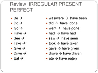 Review IRREGULAR PRESENT
PERFECT
 was/were  have been
 did  have done
 went  have gone
 had  have had
 saw  have seen
 took  have taken
 gave  have given
 drove  have driven
 ate  have eaten
 Be 
 Do 
 Go 
 Have 
 See 
 Take 
 Give 
 Drive 
 Eat 
 