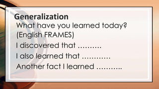 Generalization
What have you learned today?
(English FRAMES)
I discovered that ……….
I also learned that …………
Another fact I learned ………..
 