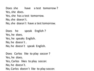 Does she have a test tomorrow ?
Yes, she does.
Yes, she has a test tomorrow.
No, she doesn´t.
No, she doesn´t have a test tomorrow.
Does he speak English ?
Yes, he does.
Yes, he speaks English.
No, he doesn´t .
No, he doesn´t speak English.
Does Carlos like to play soccer ?
Yes, he does.
Yes, Carlos likes to play soccer.
No, he doesn´t.
No, Carlos doesn´t like to play soccer.
 