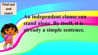 Find out
and
Learn
An independent clause can
stand alone. By itself, it is
already a simple sentence.
 