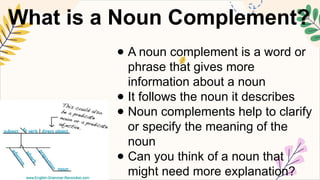 What is a Noun Complement?
● A noun complement is a word or
phrase that gives more
information about a noun
● It follows the noun it describes
● Noun complements help to clarify
or specify the meaning of the
noun
● Can you think of a noun that
might need more explanation?
 