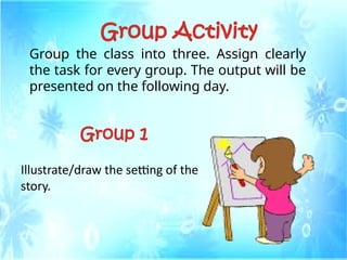 Group the class into three. Assign clearly
the task for every group. The output will be
presented on the following day.
Group Activity
Group 1
Illustrate/draw the setting of the
story.
 