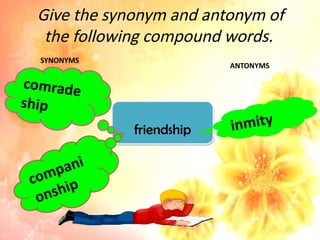 Give the synonym and antonym of
the following compound words.
friendship
comrade
ship
compani
onship
inmity
SYNONYMS
ANTONYMS
 