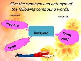 Give the synonym and antonym of
the following compound words.
backyard
Play are
lawn
Front
yard
SYNONYMS
ANTONYMS
 