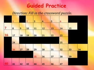 Direction: Fill in the crossword puzzle.
Guided Practice
1 2 3 4 5 6
7 8 9 10 11 12 13 14 15
16 17 18 19 20 21 22 23
24 25
26 27 28 29 30 31 32 33 34
35 36 37 38 39
40 41 42 43 44 45 46 47
 