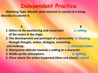 Independent Practice
Matching Type: Identify what element in column B is being
describe in column A.
A B
1. Refers to the positioning and movement a. setting
of the actors in the stage.
2. The development and portrayal of a personality b. blocking
through thought, action, dialogue, costuming,
and makeup. c. characterization
3. Manipulate attitude towards a setting or a character.
4. Builds up the atmosphere. d. lighting
5. Place where the action happened (time and place)e. sound
 