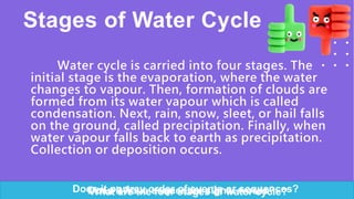 Stages of Water Cycle
Water cycle is carried into four stages. The
initial stage is the evaporation, where the water
changes to vapour. Then, formation of clouds are
formed from its water vapour which is called
condensation. Next, rain, snow, sleet, or hail falls
on the ground, called precipitation. Finally, when
water vapour falls back to earth as precipitation.
Collection or deposition occurs.
Does it portray order of events or sequences?
What are the four stages of water cycle?
Does it have sequential signal words?
 