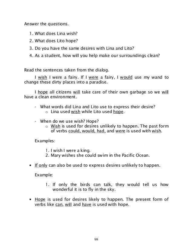 English 6 Dlp 43 Using Expression Hope Can Wish Could If Were