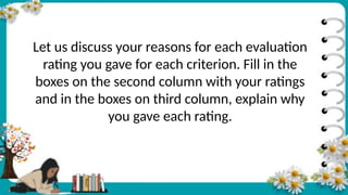 Let us discuss your reasons for each evaluation
rating you gave for each criterion. Fill in the
boxes on the second column with your ratings
and in the boxes on third column, explain why
you gave each rating.
 