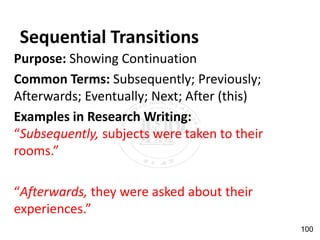 Sequential Transitions
Purpose: Showing Continuation
Common Terms: Subsequently; Previously;
Afterwards; Eventually; Next; After (this)
Examples in Research Writing:
“Subsequently, subjects were taken to their
rooms.”
“Afterwards, they were asked about their
experiences.”
100
 