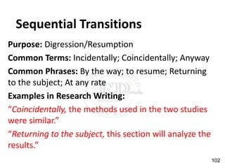 Sequential Transitions
Purpose: Digression/Resumption
Common Terms: Incidentally; Coincidentally; Anyway
Common Phrases: By the way; to resume; Returning
to the subject; At any rate
Examples in Research Writing:
“Coincidentally, the methods used in the two studies
were similar.”
“Returning to the subject, this section will analyze the
results.”
102
 