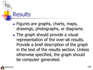 Results
 Figures are graphs, charts, maps,
drawings, photographs, or diagrams.
 The graph should provide a visual
representation of the over-all results.
Provide a brief description of the graph
in the text of the results section. Unless
otherwise specified, the graph should
be computer generated.
124
 