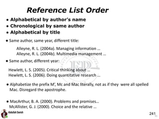 ● Alphabetical by author’s name
● Chronological by same author
● Alphabetical by title
31
Reference List Order
● Same author, same year, different title:
Alleyne, R. L. (2004a). Managing information …
Alleyne, R. L. (2004b). Multimedia management …
● Same author, different year:
Hewlett, L. S. (2005). Critical thinking about …
Hewlett, L. S. (2006). Doing quantitative research …
● Alphabetize the prefix M’, Mc and Mac literally, not as if they were all spelled
Mac. Disregard the apostrophe.
● MacArthur, B. A. (2000). Problems and promises…
McAllister, G. J. (2000). Choice and the relative …
241
 