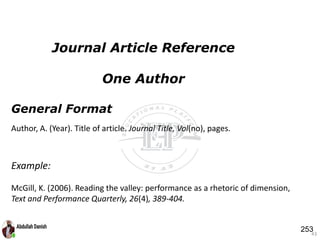 General Format
43
Journal Article Reference
One Author
Example:
McGill, K. (2006). Reading the valley: performance as a rhetoric of dimension,
Text and Performance Quarterly, 26(4), 389-404.
Author, A. (Year). Title of article. Journal Title, Vol(no), pages.
253
 