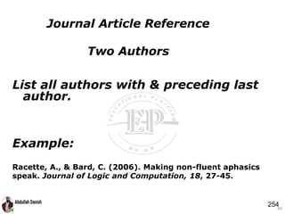 List all authors with & preceding last
author.
Example:
Racette, A., & Bard, C. (2006). Making non-fluent aphasics
speak. Journal of Logic and Computation, 18, 27-45.
44
Journal Article Reference
Two Authors
254
 