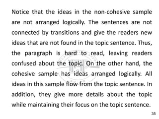 Notice that the ideas in the non-cohesive sample
are not arranged logically. The sentences are not
connected by transitions and give the readers new
ideas that are not found in the topic sentence. Thus,
the paragraph is hard to read, leaving readers
confused about the topic. On the other hand, the
cohesive sample has ideas arranged logically. All
ideas in this sample flow from the topic sentence. In
addition, they give more details about the topic
while maintaining their focus on the topic sentence.
35
 