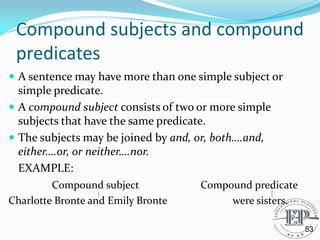 Compound subjects and compound
predicates
 A sentence may have more than one simple subject or
simple predicate.
 A compound subject consists of two or more simple
subjects that have the same predicate.
 The subjects may be joined by and, or, both….and,
either….or, or neither….nor.
EXAMPLE:
Compound subject Compound predicate
Charlotte Bronte and Emily Bronte were sisters.
53
 