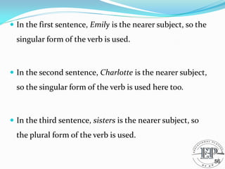  In the first sentence, Emily is the nearer subject, so the
singular form of the verb is used.
 In the second sentence, Charlotte is the nearer subject,
so the singular form of the verb is used here too.
 In the third sentence, sisters is the nearer subject, so
the plural form of the verb is used.
56
 