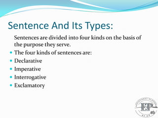 Sentence And Its Types:
Sentences are divided into four kinds on the basis of
the purpose they serve.
 The four kinds of sentences are:
 Declarative
 Imperative
 Interrogative
 Exclamatory
69
 