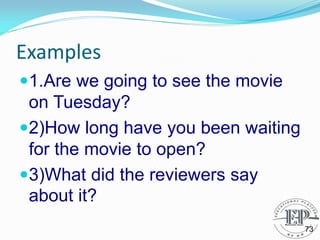 Examples
1.Are we going to see the movie
on Tuesday?
2)How long have you been waiting
for the movie to open?
3)What did the reviewers say
about it?
73
 