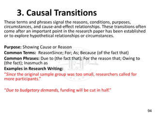 3. Causal Transitions
These terms and phrases signal the reasons, conditions, purposes,
circumstances, and cause-and-effect relationships. These transitions often
come after an important point in the research paper has been established
or to explore hypothetical relationships or circumstances.
Purpose: Showing Cause or Reason
Common Terms: ReasonSince; For; As; Because (of the fact that)
Common Phrases: Due to (the fact that); For the reason that; Owing to
(the fact); Inasmuch as
Examples in Research Writing:
“Since the original sample group was too small, researchers called for
more participants.”
“Due to budgetary demands, funding will be cut in half.”
94
 