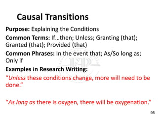 Causal Transitions
Purpose: Explaining the Conditions
Common Terms: If…then; Unless; Granting (that);
Granted (that); Provided (that)
Common Phrases: In the event that; As/So long as;
Only if
Examples in Research Writing:
“Unless these conditions change, more will need to be
done.”
“As long as there is oxygen, there will be oxygenation.”
95
 