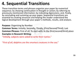 4. Sequential Transitions
These transition terms and phrases organize your paper by numerical
sequence; by showing continuation in thought or action; by referring to
previously-mentioned information; by indicating digressions; and, finally,
by concluding and summing up your paper. Sequential transitions are
essential to creating structure and helping the reader understand the
logical development through your paper’s methods, results, and analysis.
Purpose: Organizing by Number
Common Terms: Initially; Secondly; Thirdly; (First/Second/Third); Last
Common Phrases: First of all; To start with; In the (first/second/third) place
Examples in Research Writing:
“Initially, subjects were asked to write their names.”
“First of all, dolphins are the smartest creatures in the sea.”
99
 