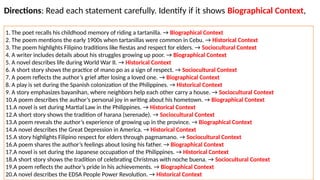 Directions: Read each statement carefully. Identify if it shows Biographical Context,
Historical Context, or Sociocultural Context.
1. The poet recalls his childhood memory of riding a tartanilla. → Biographical Context
2. The poem mentions the early 1900s when tartanillas were common in Cebu. → Historical Context
3. The poem highlights Filipino traditions like fiestas and respect for elders. → Sociocultural Context
4. A writer includes details about his struggles growing up poor. → Biographical Context
5. A novel describes life during World War II. → Historical Context
6. A short story shows the practice of mano po as a sign of respect. → Sociocultural Context
7. A poem reflects the author’s grief after losing a loved one. → Biographical Context
8. A play is set during the Spanish colonization of the Philippines. → Historical Context
9. A story emphasizes bayanihan, where neighbors help each other carry a house. → Sociocultural Context
10.A poem describes the author’s personal joy in writing about his hometown. → Biographical Context
11.A novel is set during Martial Law in the Philippines. → Historical Context
12.A short story shows the tradition of harana (serenade). → Sociocultural Context
13.A poem reveals the author’s experience of growing up in the province. → Biographical Context
14.A novel describes the Great Depression in America. → Historical Context
15.A story highlights Filipino respect for elders through pagmamano. → Sociocultural Context
16.A poem shares the author’s feelings about losing his father. → Biographical Context
17.A novel is set during the Japanese occupation of the Philippines. → Historical Context
18.A short story shows the tradition of celebrating Christmas with noche buena. → Sociocultural Context
19.A poem reflects the author’s pride in his achievements. → Biographical Context
20.A novel describes the EDSA People Power Revolution. → Historical Context
 