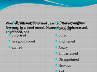 Positive feelings
Negative feelings
Worried, relaxed, Surprised , excited, Bored, Angry,
Nervous, In a good mood, Disappointed, Embarrassed,
Relaxed
Worried
Frightened, Sad
Surprised
Bored
In a good mood

Frightened

excited

Angry
Embarrassed
Disappointed
Nervous

 