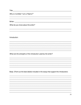 Title:__________________________________________________________________
Why is it entitled “I am a Filipino?”
______________________________________________________________________
______________________________________________________________________
Writer: ________________________________________________________________
What do you know about the writer?
______________________________________________________________________
______________________________________________________________________

Introduction:
______________________________________________________________________
______________________________________________________________________
______________________________________________________________________
______________________________________________________________________
______________________________________________________________________
______________________________________________________________________
What are the strengths of the introduction used by the writer?
______________________________________________________________________
______________________________________________________________________
______________________________________________________________________
______________________________________________________________________
______________________________________________________________________
______________________________________________________________________
Body: (Point out the best details included in the essay that support the introduction)
______________________________________________________________________
______________________________________________________________________
______________________________________________________________________
______________________________________________________________________
______________________________________________________________________
______________________________________________________________________
______________________________________________________________________
______________________________________________________________________
______________________________________________________________________
______________________________________________________________________
21

 