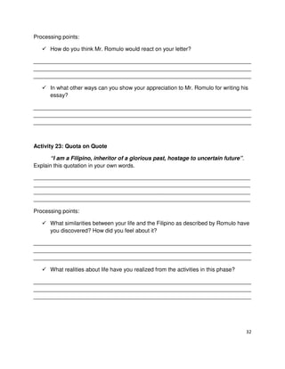 Processing points:
How do you think Mr. Romulo would react on your letter?
______________________________________________________________________
______________________________________________________________________
______________________________________________________________________
In what other ways can you show your appreciation to Mr. Romulo for writing his
essay?
______________________________________________________________________
______________________________________________________________________
______________________________________________________________________

Activity 23: Quota on Quote
“I am a Filipino, inheritor of a glorious past, hostage to uncertain future”.
Explain this quotation in your own words.
_____________________________________________________________________________________
_____________________________________________________________________________________
_____________________________________________________________________________________
_____________________________________________________________________________________

Processing points:
What similarities between your life and the Filipino as described by Romulo have
you discovered? How did you feel about it?
______________________________________________________________________
______________________________________________________________________
______________________________________________________________________
What realities about life have you realized from the activities in this phase?
______________________________________________________________________
______________________________________________________________________
______________________________________________________________________

32

 