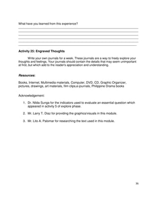What have you learned from this experience?
_________________________________________________________________________
_________________________________________________________________________
_________________________________________________________________________
_________________________________________________________________________
_________________________________________________________________________
________________________________________________________________________

Activity 25: Engraved Thoughts
Write your own journals for a week. These journals are a way to freely explore your
thoughts and feelings. Your journals should contain the details that may seem unimportant
at first, but which add to the reader's appreciation and understanding.

Resources:
Books, Internet, Multimedia materials, Computer, DVD, CD, Graphic Organizer,
pictures, drawings, art materials, film clips,e-journals, Philippine Drama books
Acknowledgement:
1. Dr. Nilda Sunga for the indicators used to evaluate an essential question which
appeared in activity 5 of explore phase.
2. Mr. Larry T. Diaz for providing the graphics/visuals in this module.
3. Mr. Lito A. Palomar for researching the text used in this module.

36

 