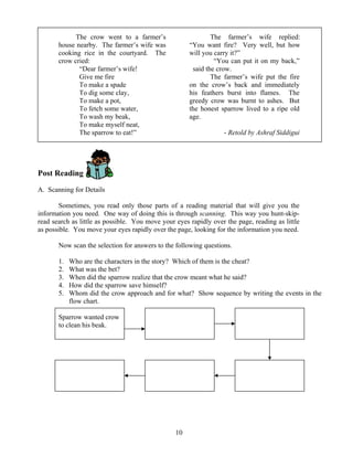 The crow went to a farmer’s
house nearby. The farmer’s wife was
cooking rice in the courtyard. The
crow cried:
“Dear farmer’s wife!
Give me fire
To make a spade
To dig some clay,
To make a pot,
To fetch some water,
To wash my beak,
To make myself neat,
The sparrow to eat!”

The farmer’s wife replied:
“You want fire? Very well, but how
will you carry it?”
“You can put it on my back,”
said the crow.
The farmer’s wife put the fire
on the crow’s back and immediately
his feathers burst into flames. The
greedy crow was burnt to ashes. But
the honest sparrow lived to a ripe old
age.
- Retold by Ashraf Siddigui

Post Reading
A. Scanning for Details
Sometimes, you read only those parts of a reading material that will give you the
information you need. One way of doing this is through scanning. This way you hunt-skipread search as little as possible. You move your eyes rapidly over the page, reading as little
as possible. You move your eyes rapidly over the page, looking for the information you need.
Now scan the selection for answers to the following questions.
1.
2.
3.
4.
5.

Who are the characters in the story? Which of them is the cheat?
What was the bet?
When did the sparrow realize that the crow meant what he said?
How did the sparrow save himself?
Whom did the crow approach and for what? Show sequence by writing the events in the
flow chart.

Sparrow wanted crow
to clean his beak.

10

 