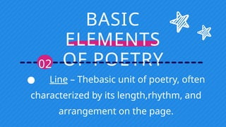 BASIC
ELEMENTS
OF POETRY
02
● Line – Thebasic unit of poetry, often
characterized by its length,rhythm, and
arrangement on the page.
 
