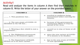 Activity1 1
Read and analyze the items in column A then find their matches in
column B. Write the letter of your answer on the provided space.
 