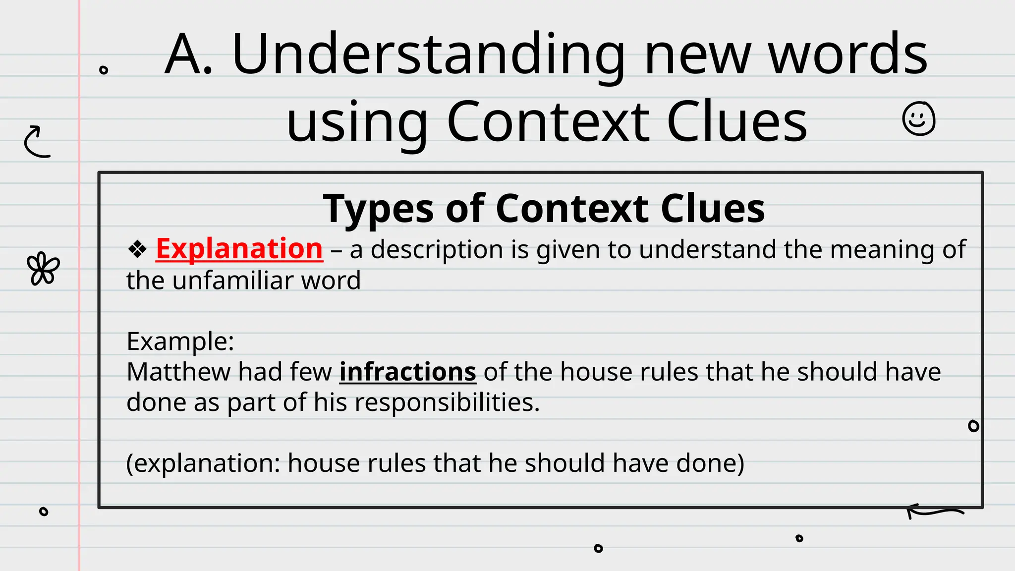 Types of Context Clues
❖ Explanation – a description is given to understand the meaning of
the unfamiliar word
Example:
Matthew had few infractions of the house rules that he should have
done as part of his responsibilities.
(explanation: house rules that he should have done)
A. Understanding new words
using Context Clues
 
